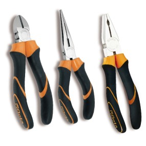 Set of 1 combination pliers, 1 long needle nose pliers 1 diagonal cutting nippers, Beta Tools 1169BM/D3