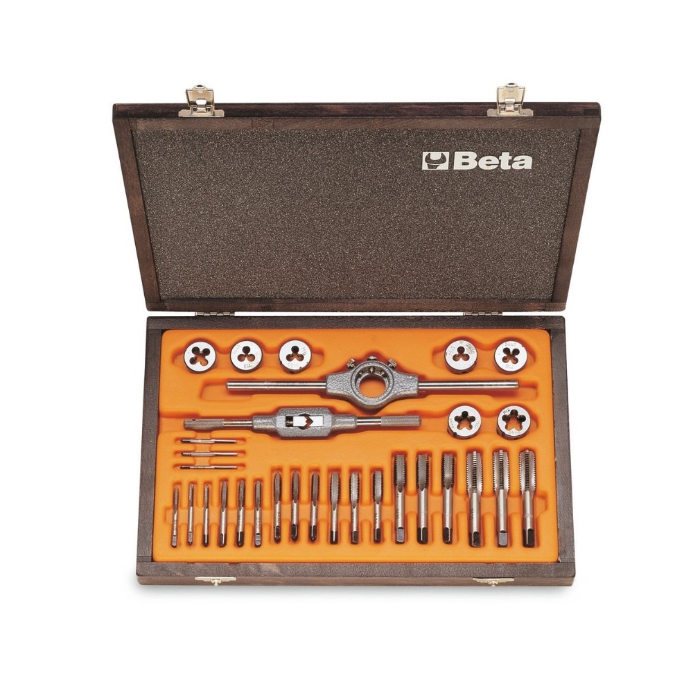 Assortimento di maschi e filiere con accessori in acciaio al cromo filettatura metrica in cassetta di legno - Beta 446/C30