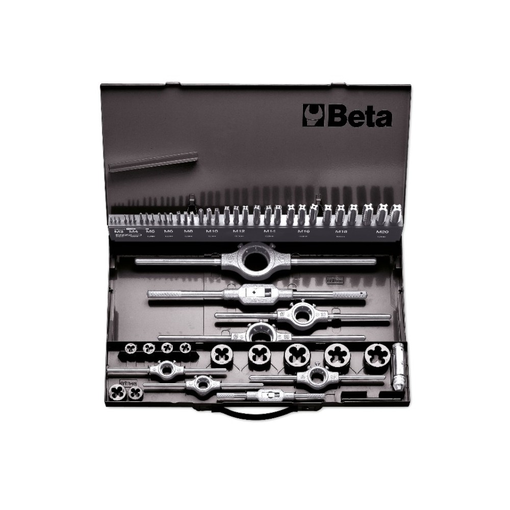 Assortimento di maschi e filiere con accessori in acciaio HSS filettatura metrica in cassetta metallica - Beta 447/C53