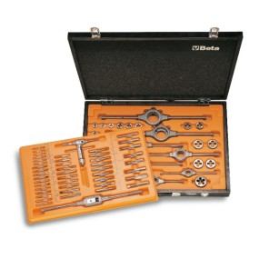 Assortment of HSS taps and dies,  metric thread, and accessories  for car repair jobs industrial maintenance  in wooden case -