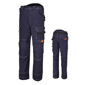 Spodnie robocze z wieloma kieszeniami, płótno T/C, 260 g/m2, niebieskie. Kieszenie na nakolanniki i dół nogawek wzmocnione