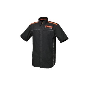 Camisa de manga corta en algodón popelina 100%, 110 g/m², elementos en textil naranja y piping blanco, botón naranja en