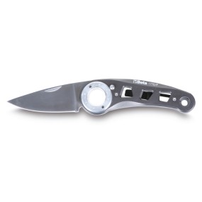 Foldaway knife, stainless steel and aluminium blade and handle, with push button