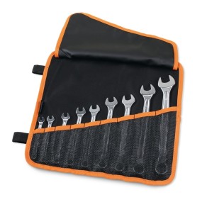 Set of 9 combination wrenches, bright chrome-plated, in roll-up wallet made of