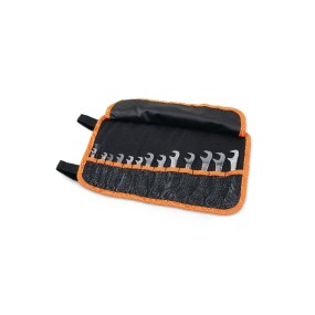 Set of 13 small double open end wrenches in roll-up wallet made of durable