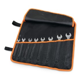 Set of 8 combination wrenches with thin open ends in roll-up wallet made of
